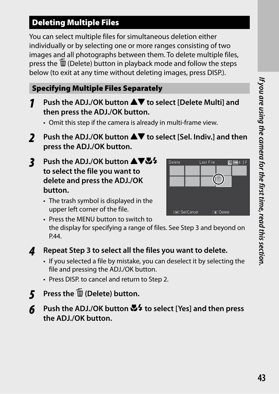 Deleting multiple files, Specifying multiple files separately, Press the d (delete) button | Ricoh DIGITAL CAMERA CX5 User Manual | Page 44 / 161