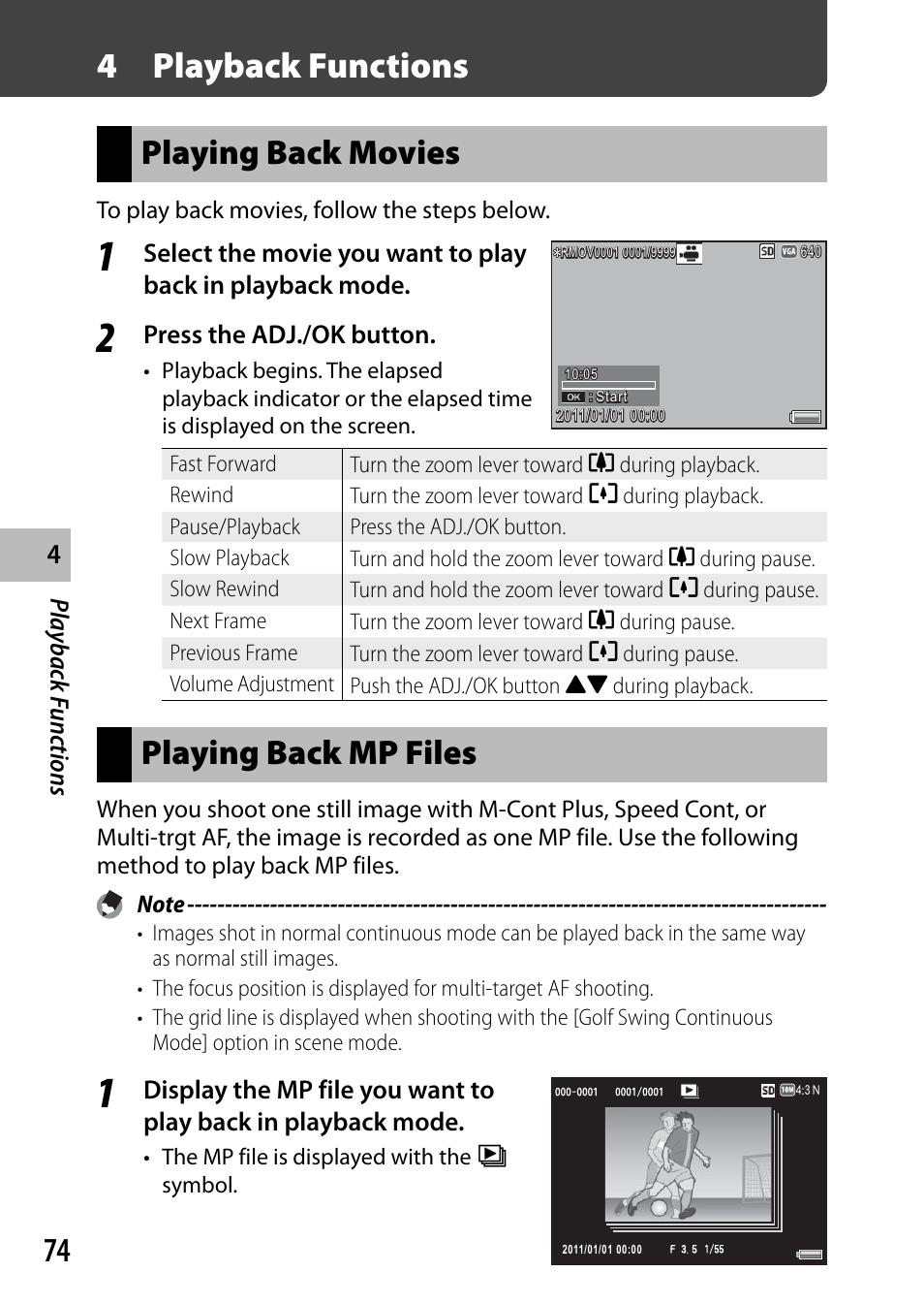 4 playback functions, Playing back movies, Playing back mp files | Playback f unc tions, Press the adj./ok button | Ricoh DIGITAL CAMERA CX5 User Manual | Page 75 / 161