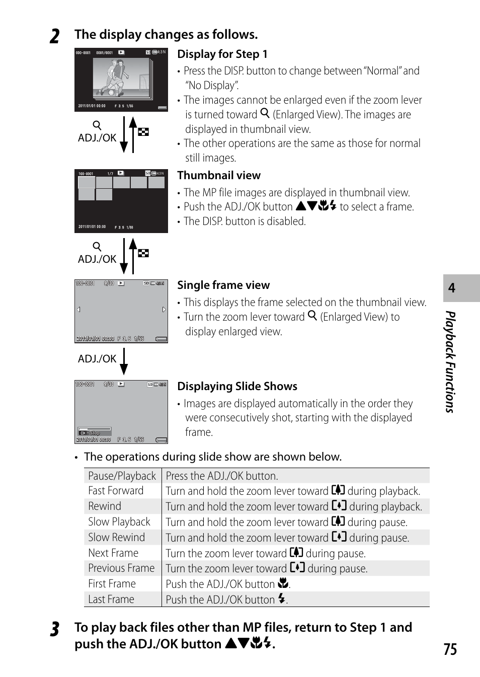 Playback f unc tions, The display changes as follows, 8adj./ok 9 | Adj./ok | Ricoh DIGITAL CAMERA CX5 User Manual | Page 76 / 161