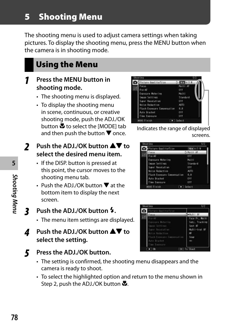 5shooting menu, Using the menu | Ricoh DIGITAL CAMERA CX5 User Manual | Page 79 / 161