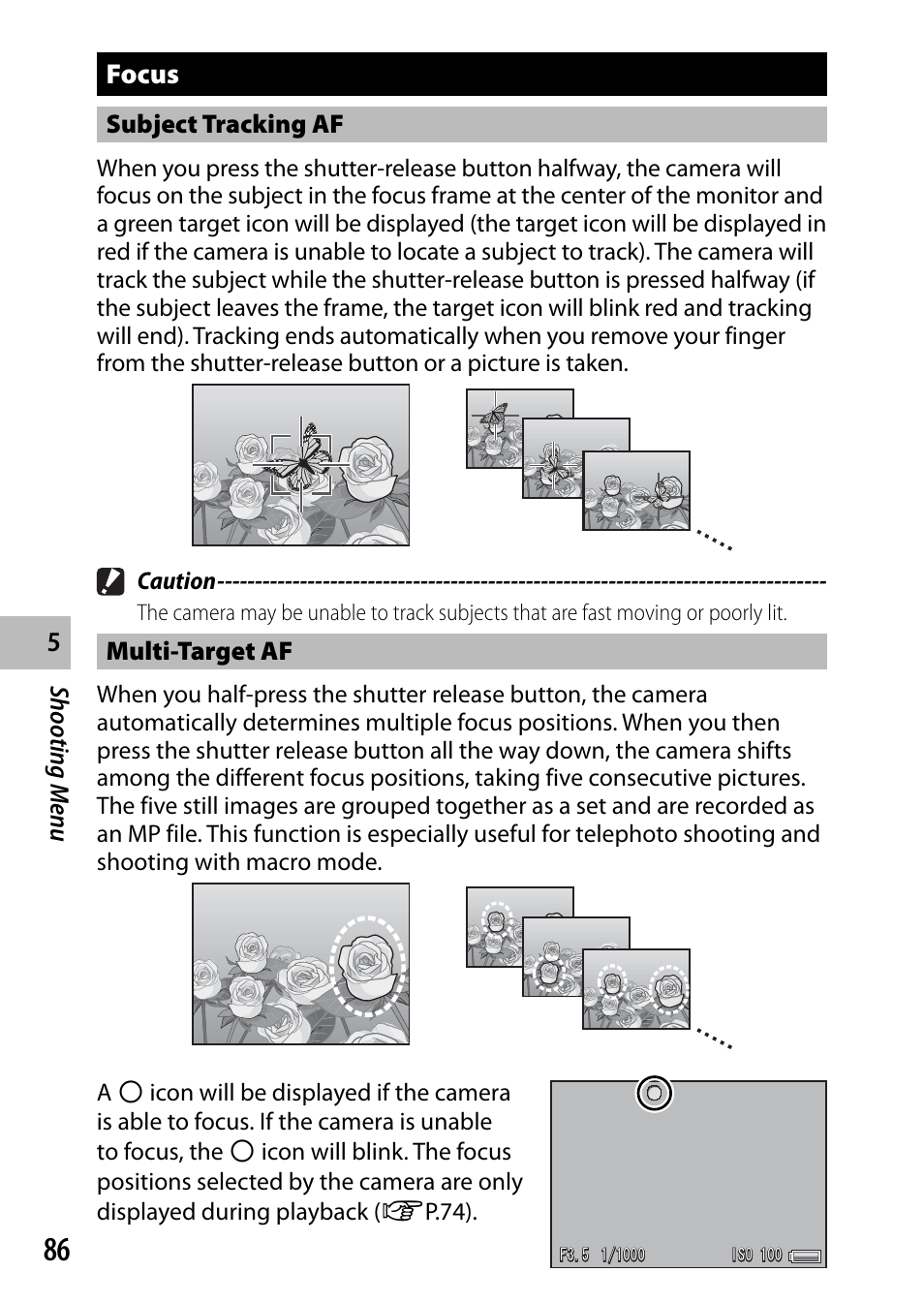 Focus, Shooting men u, Subject tracking af | Multi-target af | Ricoh DIGITAL CAMERA CX5 User Manual | Page 87 / 161