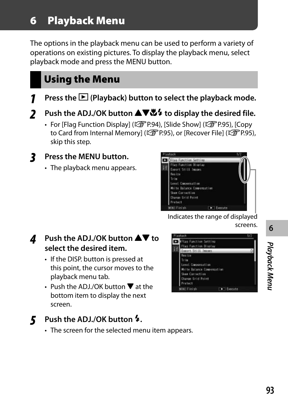 6playback menu, Using the menu | Ricoh DIGITAL CAMERA CX5 User Manual | Page 94 / 161