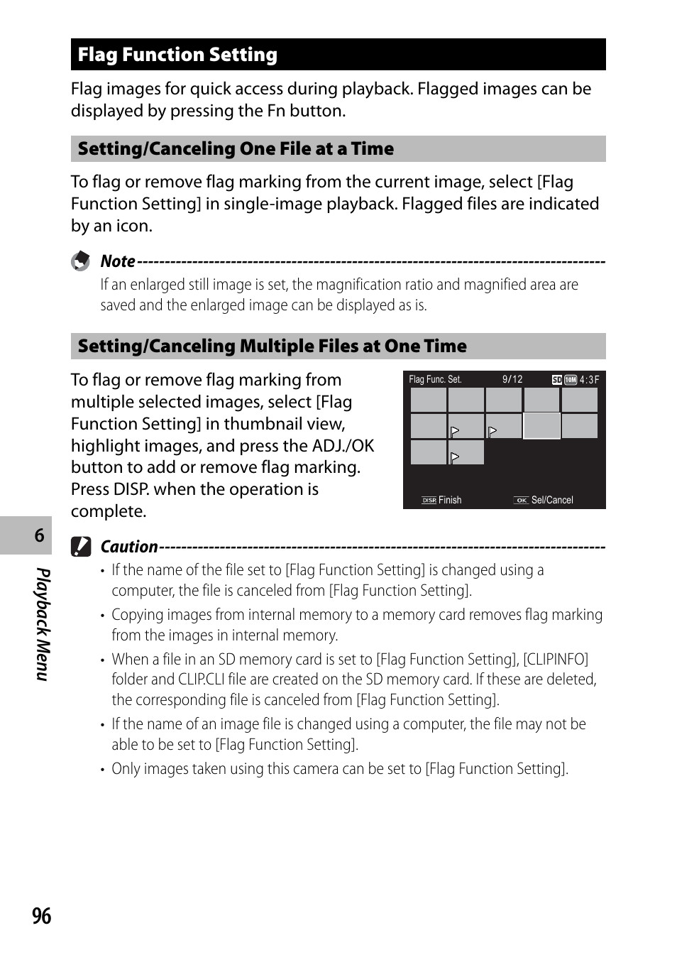 Flag function setting, Playback men u, Setting/canceling one file at a time | Setting/canceling multiple files at one time, Caution | Ricoh DIGITAL CAMERA CX5 User Manual | Page 97 / 161