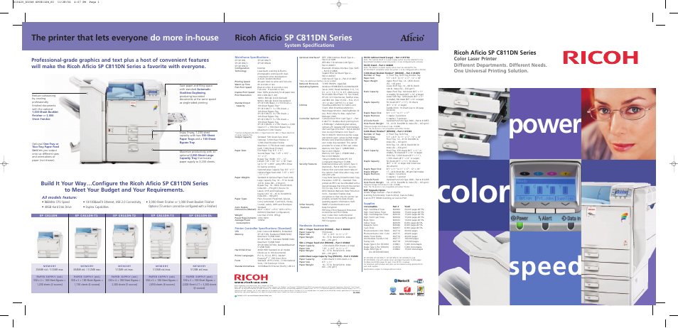 Color, Power, Speed | The printer that lets everyone do more in-house, Ricoh aficio sp c811dn series, System specifications, All models feature | Ricoh Aficio SP C811DN Series User Manual | Page 5 / 6