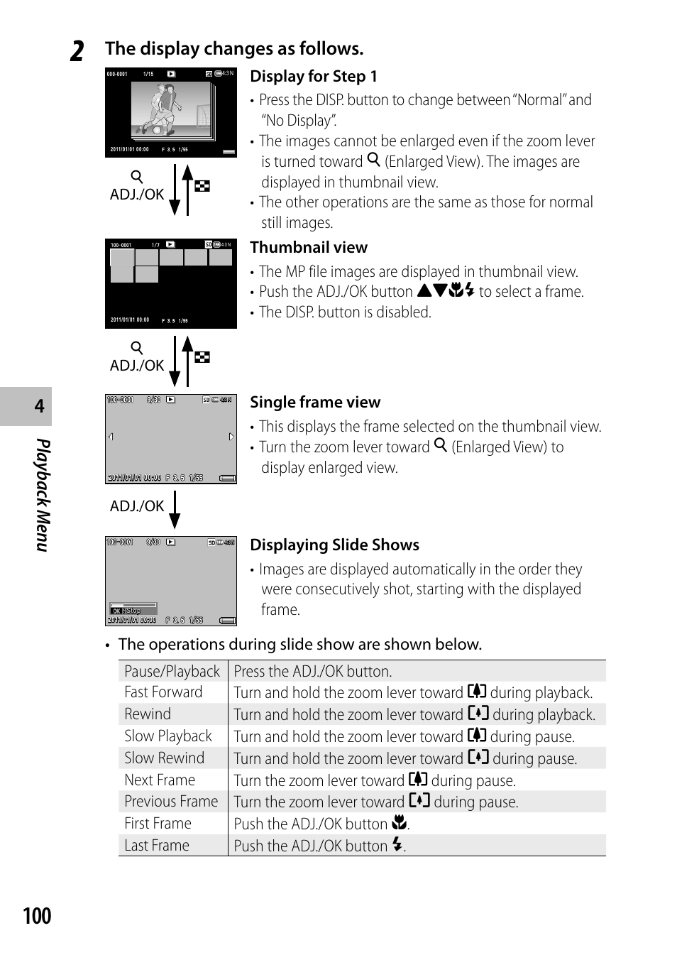 Playback men u, The display changes as follows, 8adj./ok 9 | Adj./ok | Ricoh Camera CX6 User Manual | Page 102 / 172