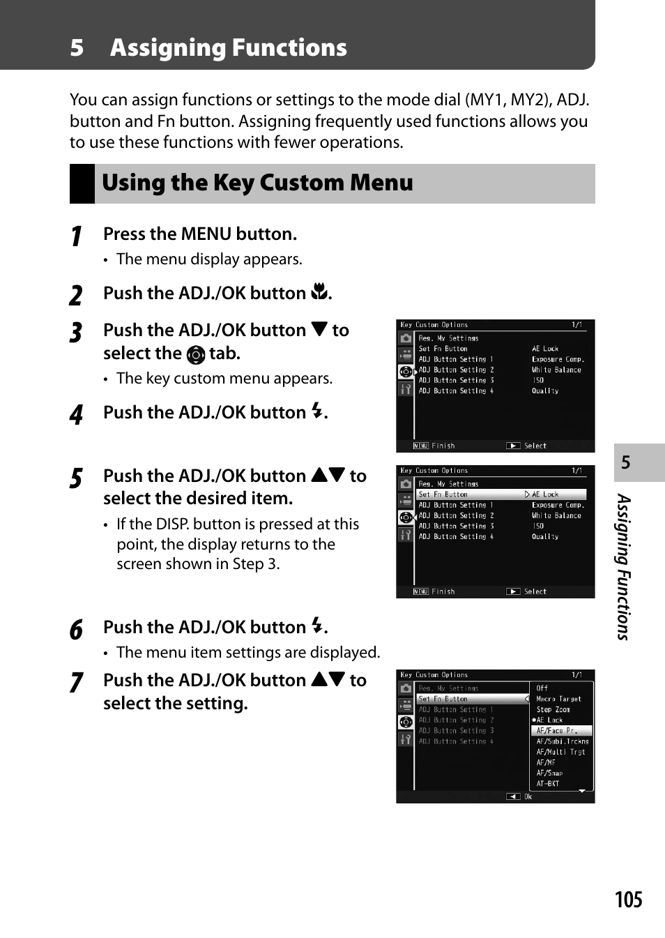 5 assigning functions, Using the key custom menu | Ricoh Camera CX6 User Manual | Page 107 / 172