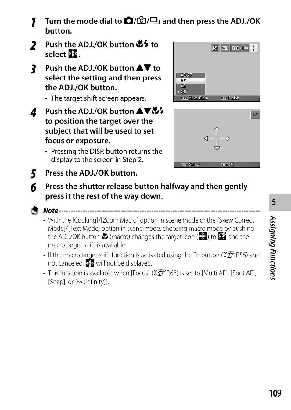 Assigning f unc tions, Push the adj./ok button nf to select p, Press the adj./ok button | Ricoh Camera CX6 User Manual | Page 111 / 172