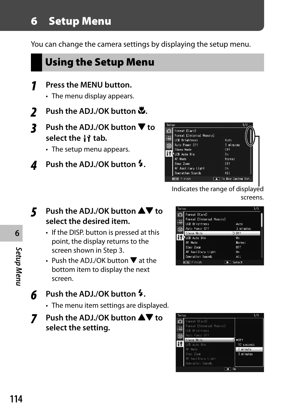 6 setup menu, Using the setup menu | Ricoh Camera CX6 User Manual | Page 116 / 172