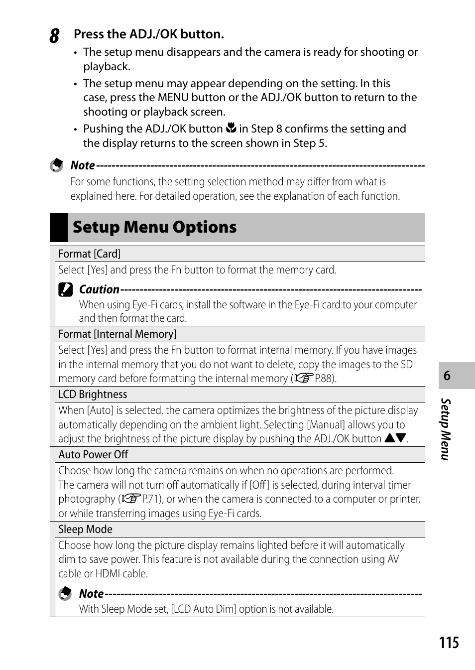 Setup menu options | Ricoh Camera CX6 User Manual | Page 117 / 172