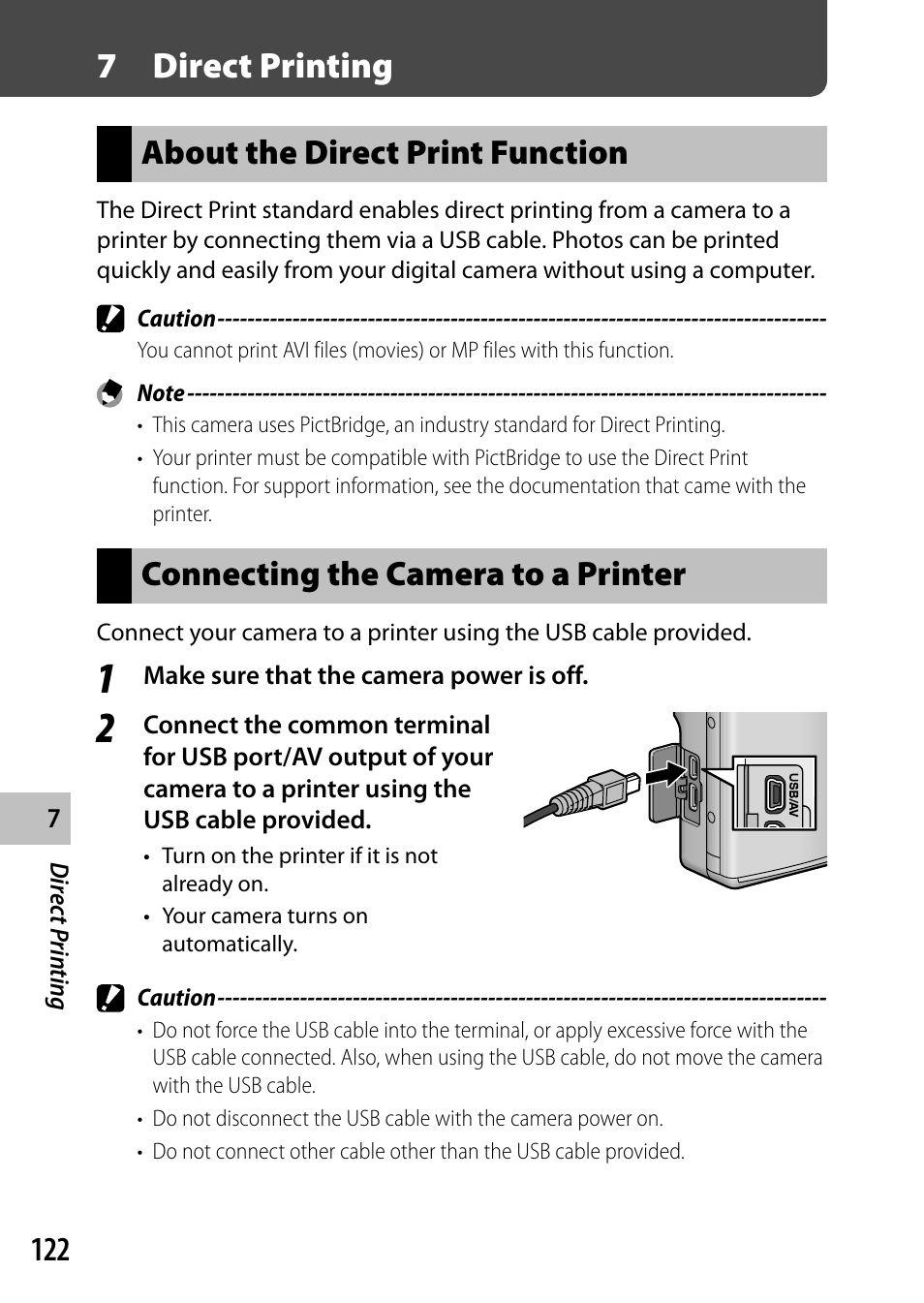 7 direct printing, About the direct print function, Connecting the camera to a printer | Ricoh Camera CX6 User Manual | Page 124 / 172