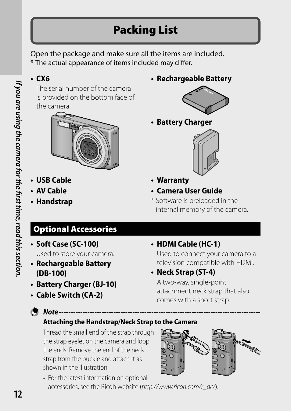 Packing list | Ricoh Camera CX6 User Manual | Page 14 / 172