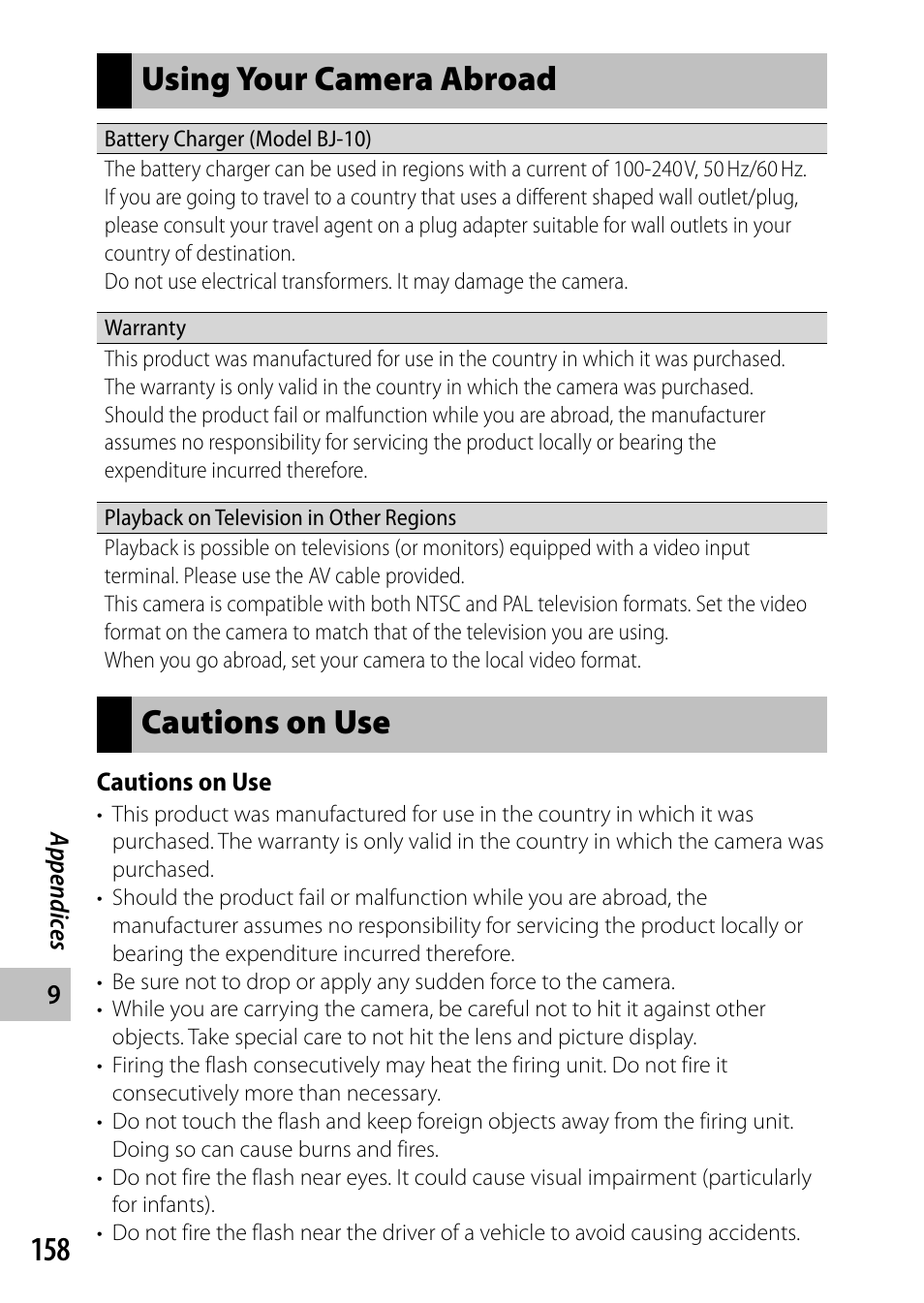 Using your camera abroad, Cautions on use | Ricoh Camera CX6 User Manual | Page 160 / 172