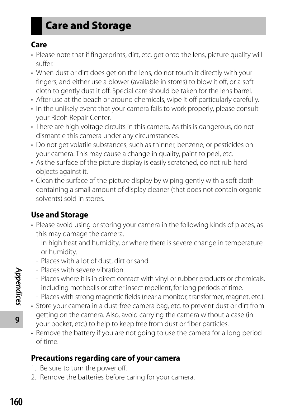 Care and storage | Ricoh Camera CX6 User Manual | Page 162 / 172