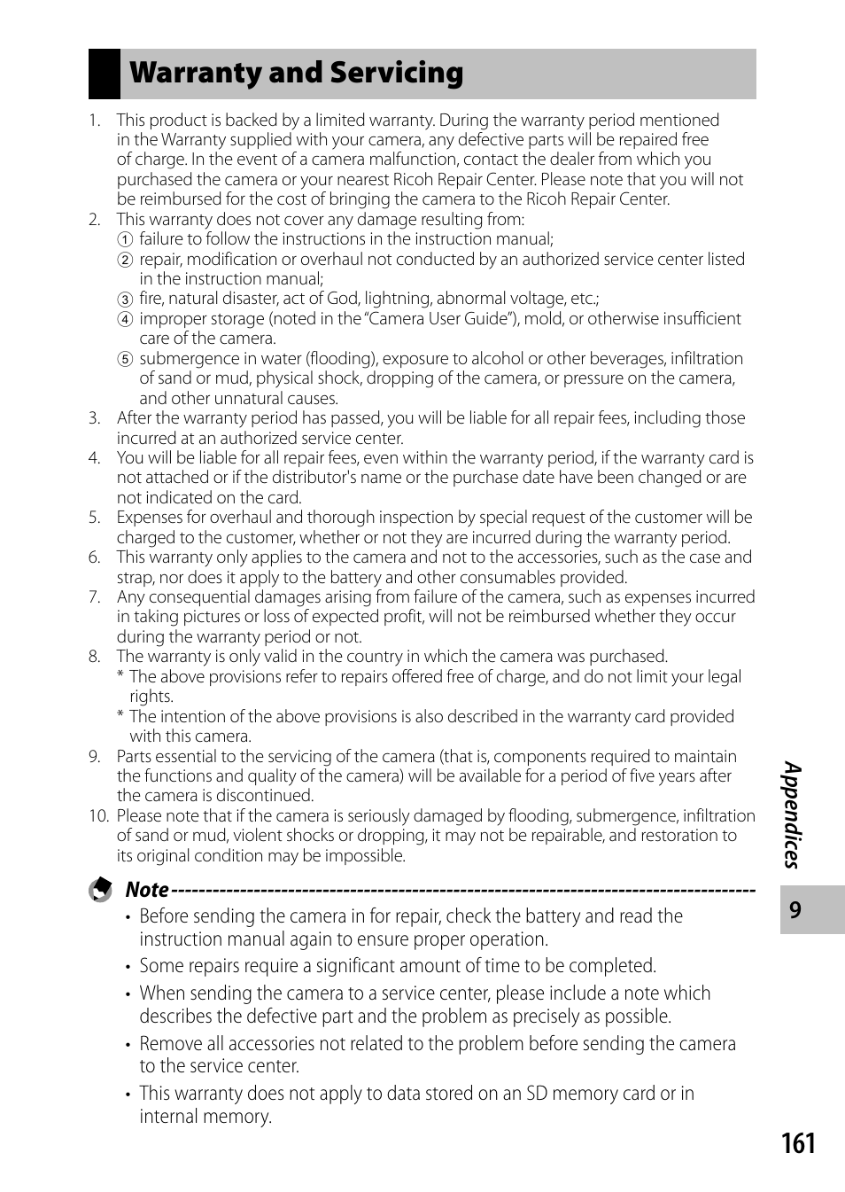 Warranty and servicing, Appendic es | Ricoh Camera CX6 User Manual | Page 163 / 172