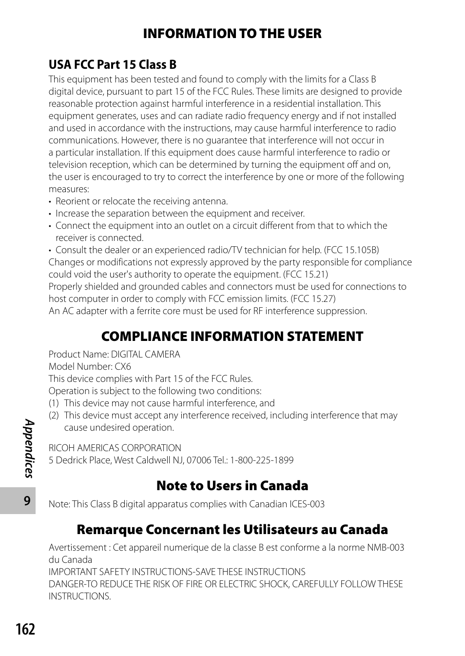 Information to the user, Compliance information statement, Remarque concernant les utilisateurs au canada | Ricoh Camera CX6 User Manual | Page 164 / 172