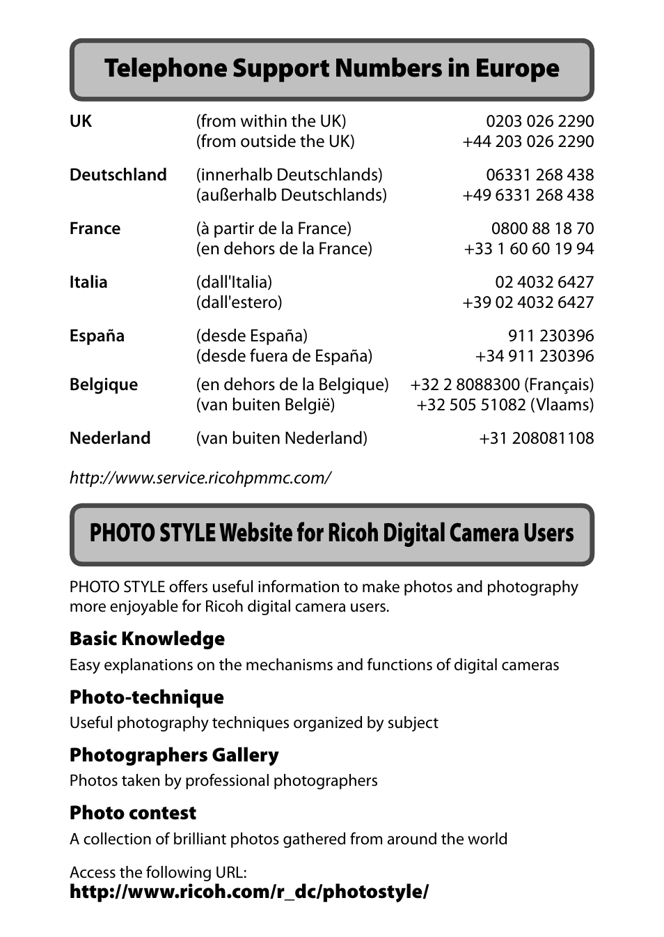 Telephone support numbers in europe, Photo style website for ricoh digital camera users | Ricoh Camera CX6 User Manual | Page 171 / 172