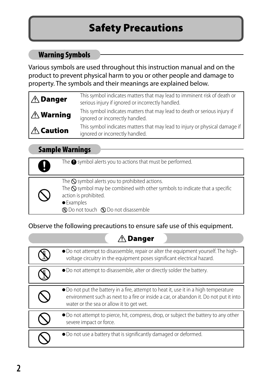 Safety precautions, Warning symbols, Sample warnings | Danger, Warning, Caution | Ricoh Camera CX6 User Manual | Page 4 / 172