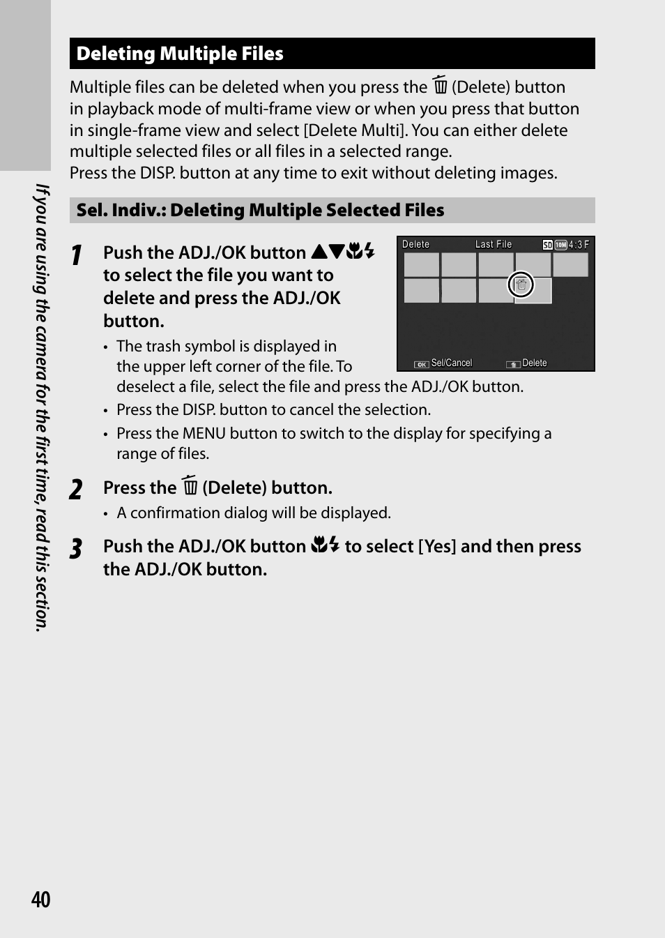 Deleting multiple files, Sel. indiv.: deleting multiple selected files, Press the d (delete) button | Ricoh Camera CX6 User Manual | Page 42 / 172