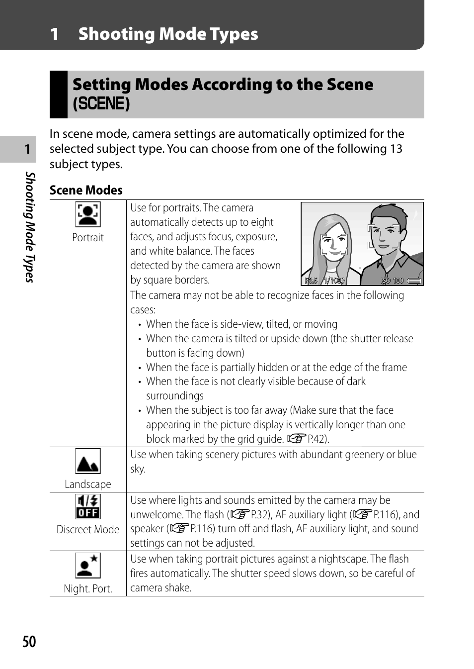 1 shooting mode types, Setting modes according to the scene ( w ) | Ricoh Camera CX6 User Manual | Page 52 / 172