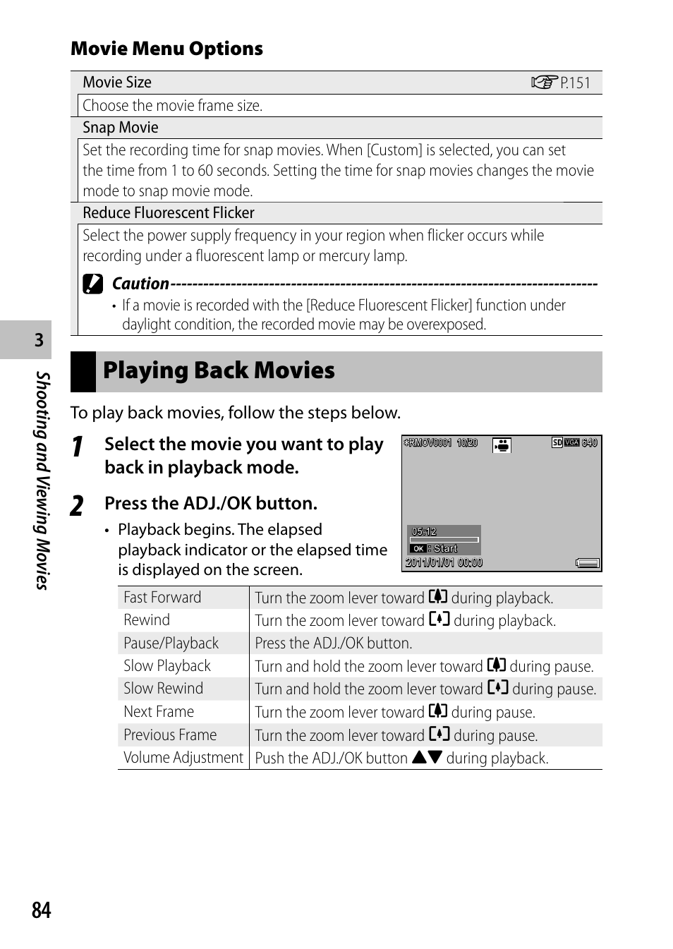 Playing back movies, Movie menu options, Shooting and v iewing mo vies | Press the adj./ok button | Ricoh Camera CX6 User Manual | Page 86 / 172