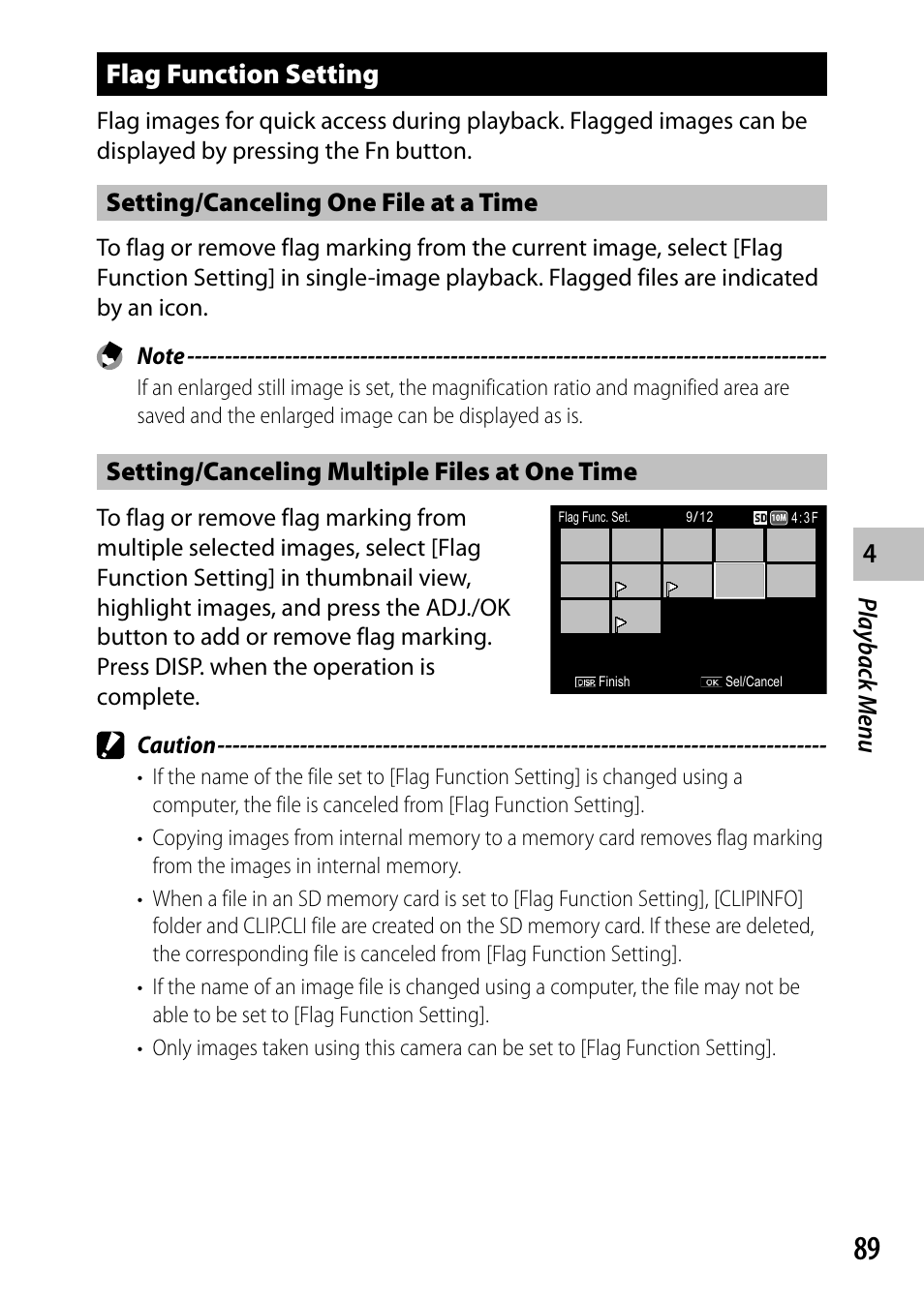 Flag function setting, Playback men u, Setting/canceling one file at a time | Setting/canceling multiple files at one time | Ricoh Camera CX6 User Manual | Page 91 / 172
