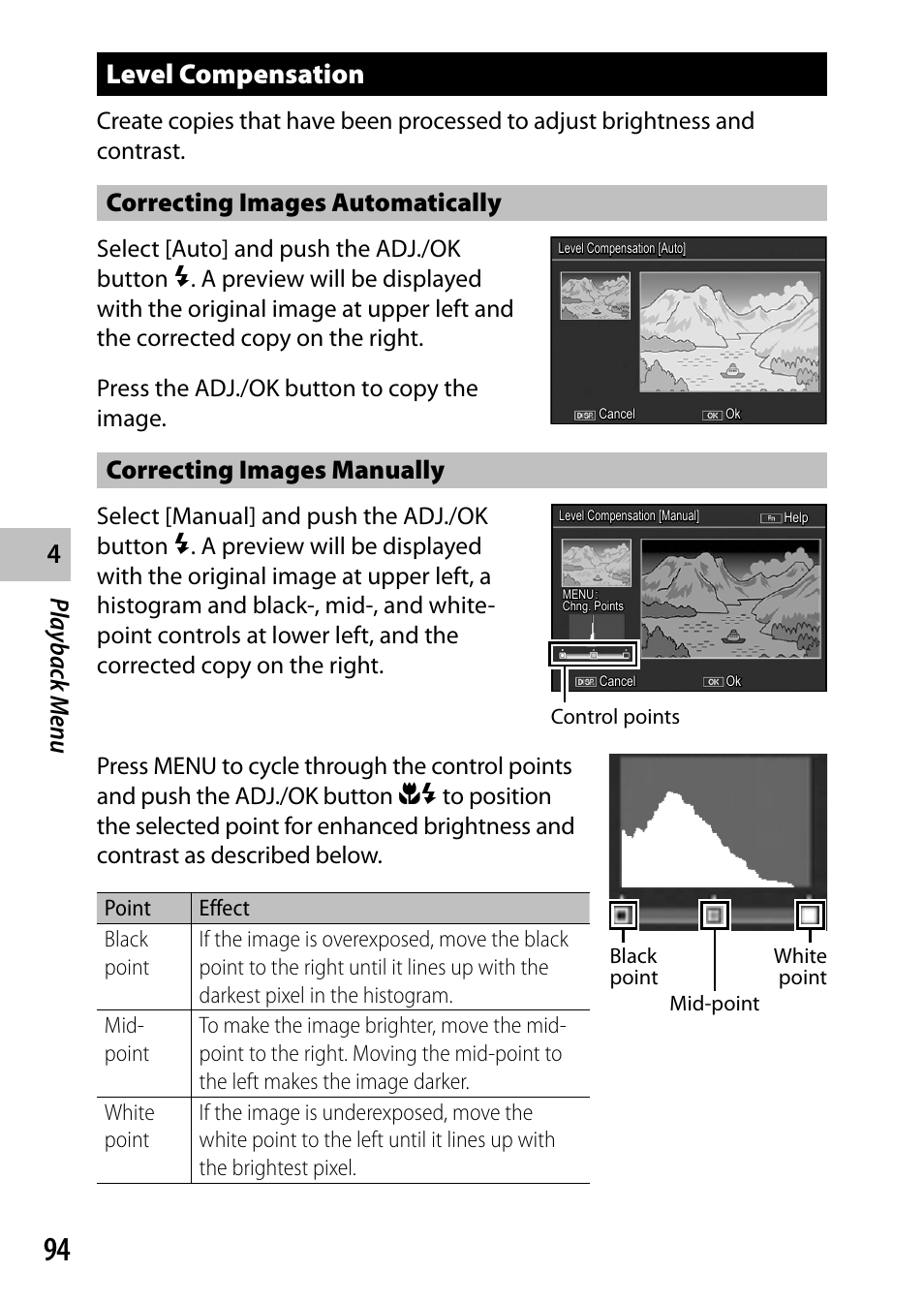 Level compensation, Playback men u, Correcting images automatically | Correcting images manually | Ricoh Camera CX6 User Manual | Page 96 / 172