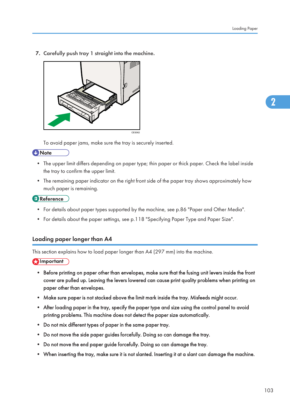 Loading paper longer than a4 | Ricoh SP C240SF User Manual | Page 105 / 456