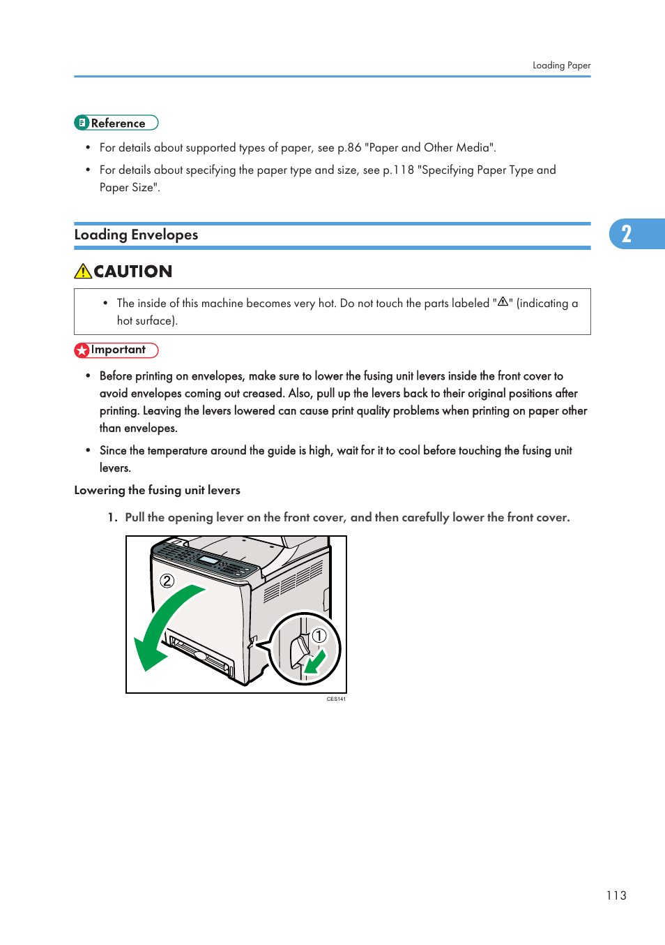 Loading envelopes | Ricoh SP C240SF User Manual | Page 115 / 456