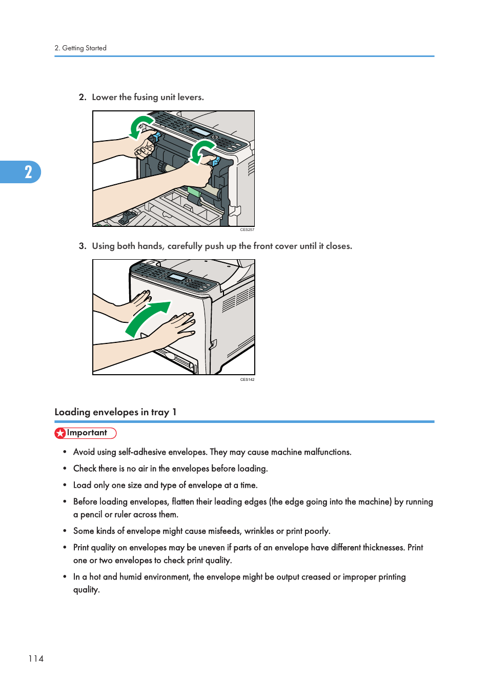 Loading envelopes in tray 1 | Ricoh SP C240SF User Manual | Page 116 / 456