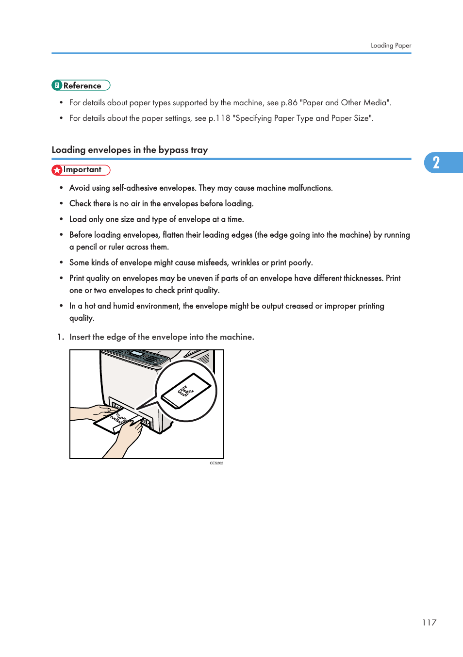 Loading envelopes in the bypass tray | Ricoh SP C240SF User Manual | Page 119 / 456