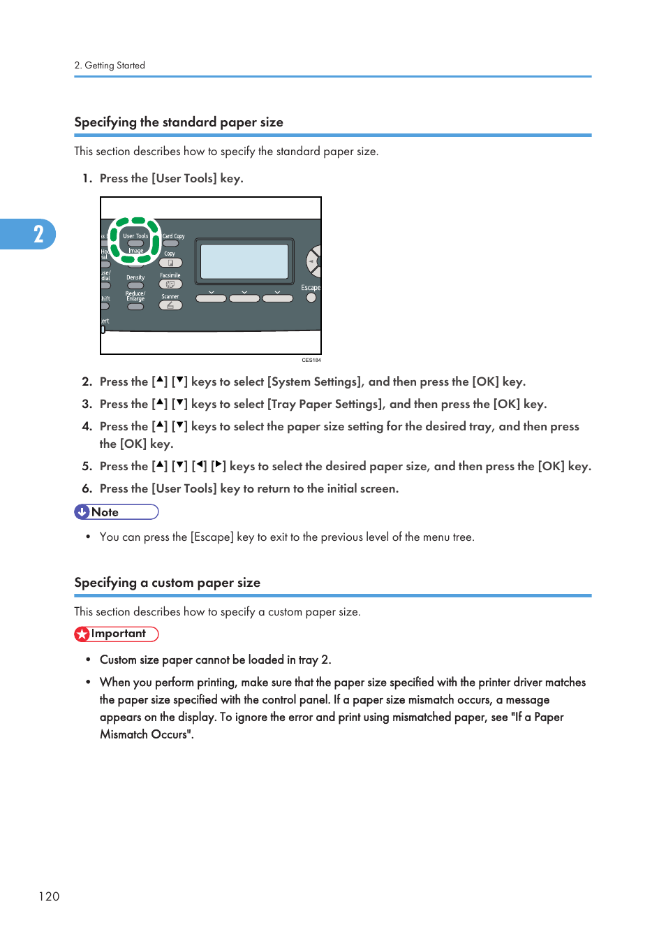 Specifying the standard paper size, Specifying a custom paper size | Ricoh SP C240SF User Manual | Page 122 / 456