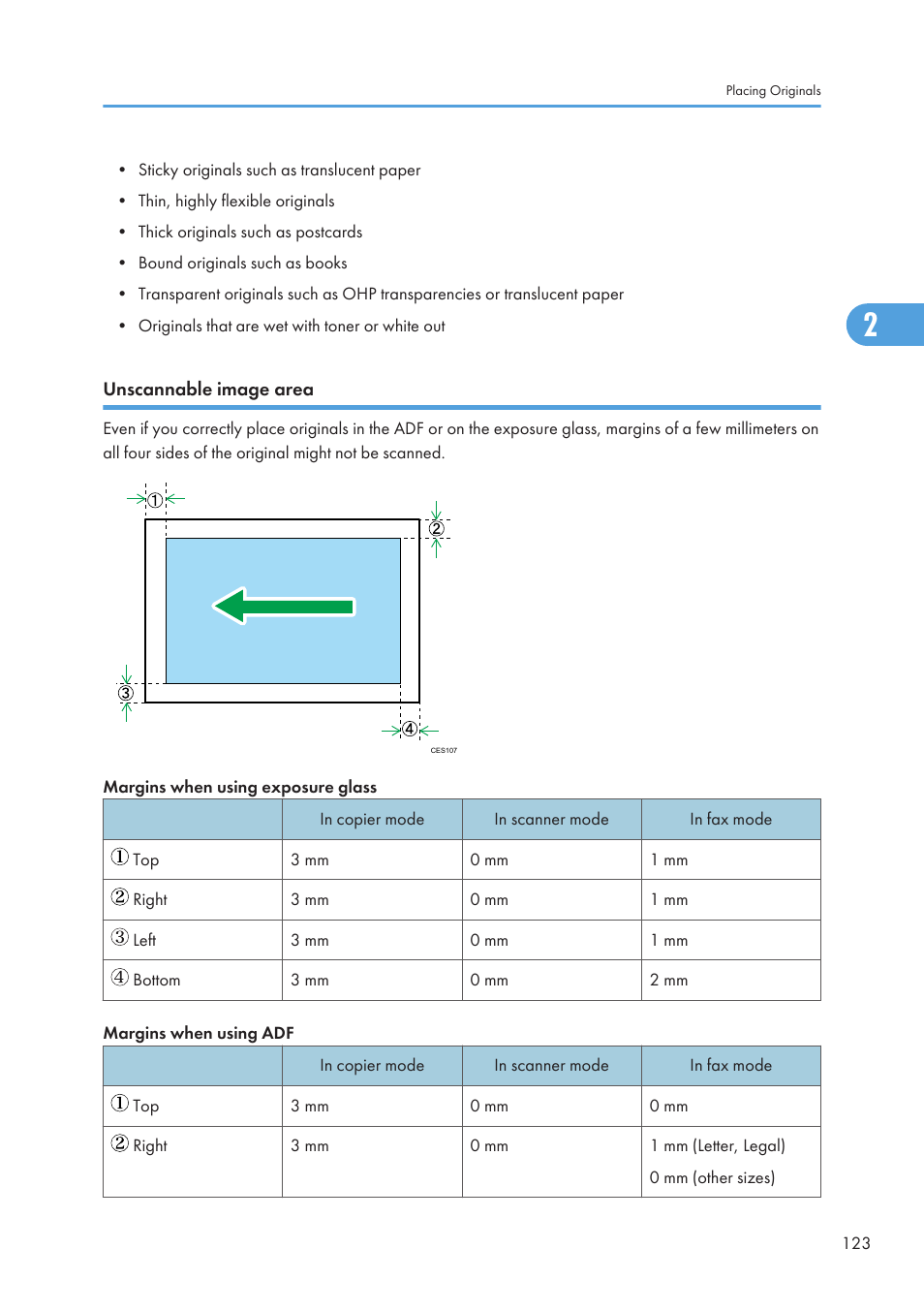 Unscannable image area | Ricoh SP C240SF User Manual | Page 125 / 456