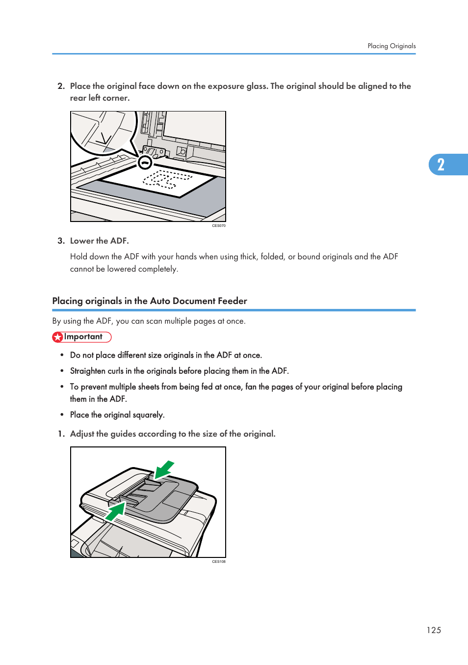 Placing originals in the auto document feeder | Ricoh SP C240SF User Manual | Page 127 / 456