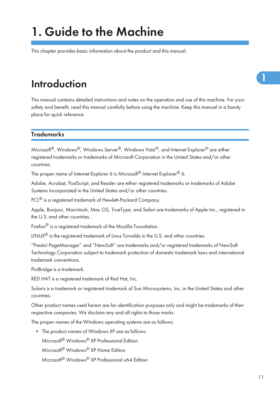 Guide to the machine, Introduction, Trademarks | Ricoh SP C240SF User Manual | Page 13 / 456