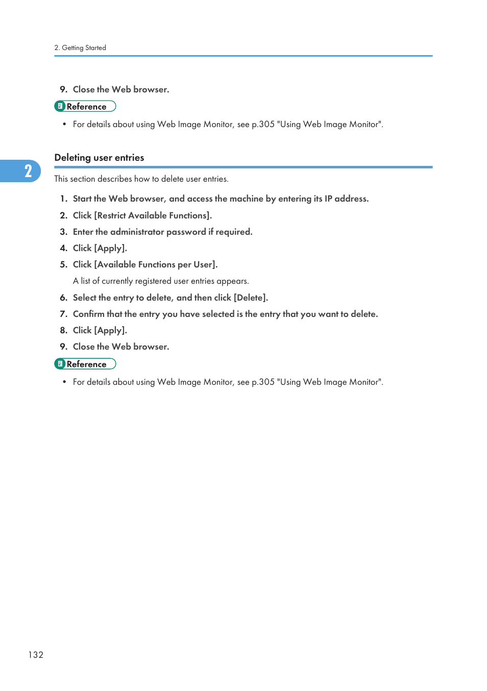 Deleting user entries | Ricoh SP C240SF User Manual | Page 134 / 456