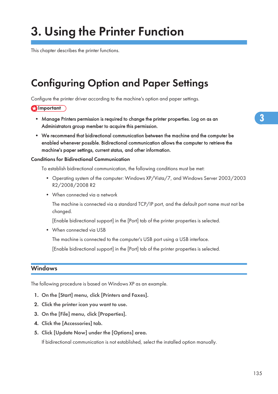 Using the printer function, Configuring option and paper settings, Windows | Ricoh SP C240SF User Manual | Page 137 / 456