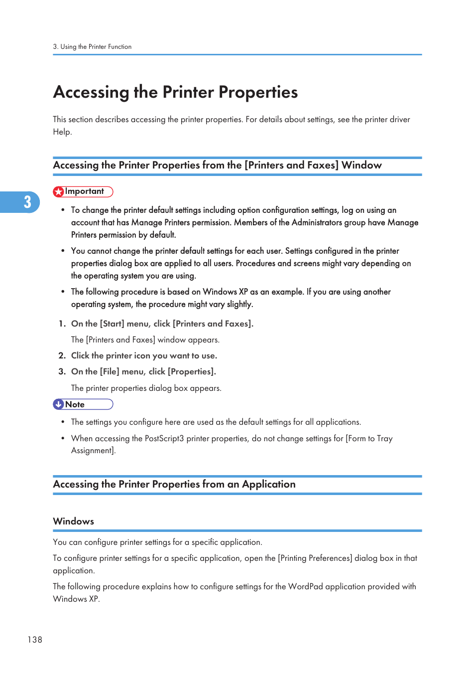 Accessing the printer properties, Windows | Ricoh SP C240SF User Manual | Page 140 / 456