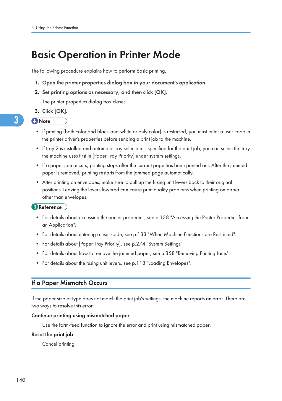 Basic operation in printer mode, If a paper mismatch occurs | Ricoh SP C240SF User Manual | Page 142 / 456