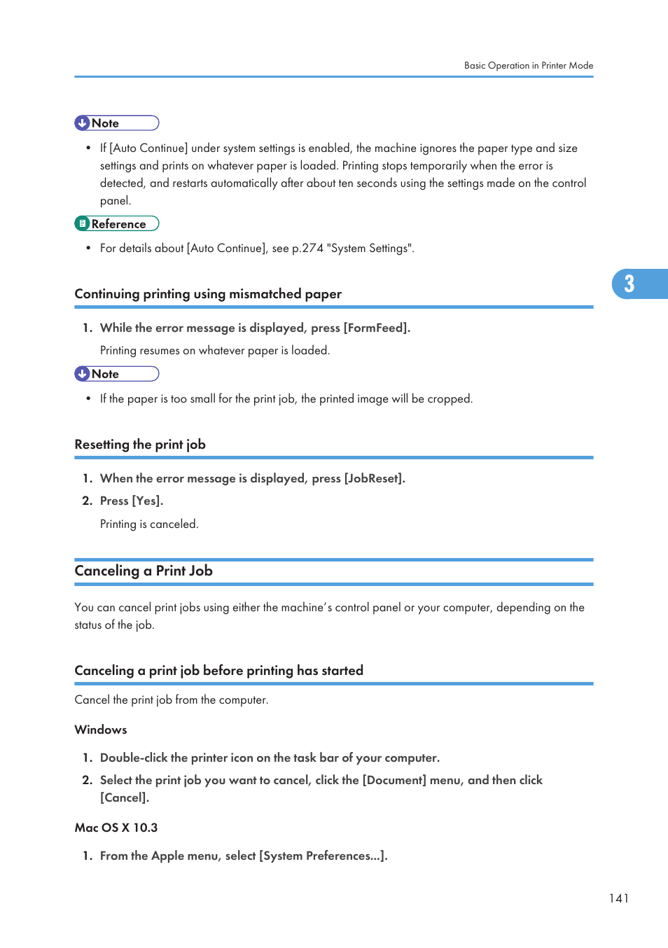 Continuing printing using mismatched paper, Resetting the print job, Canceling a print job | Canceling a print job before printing has started | Ricoh SP C240SF User Manual | Page 143 / 456