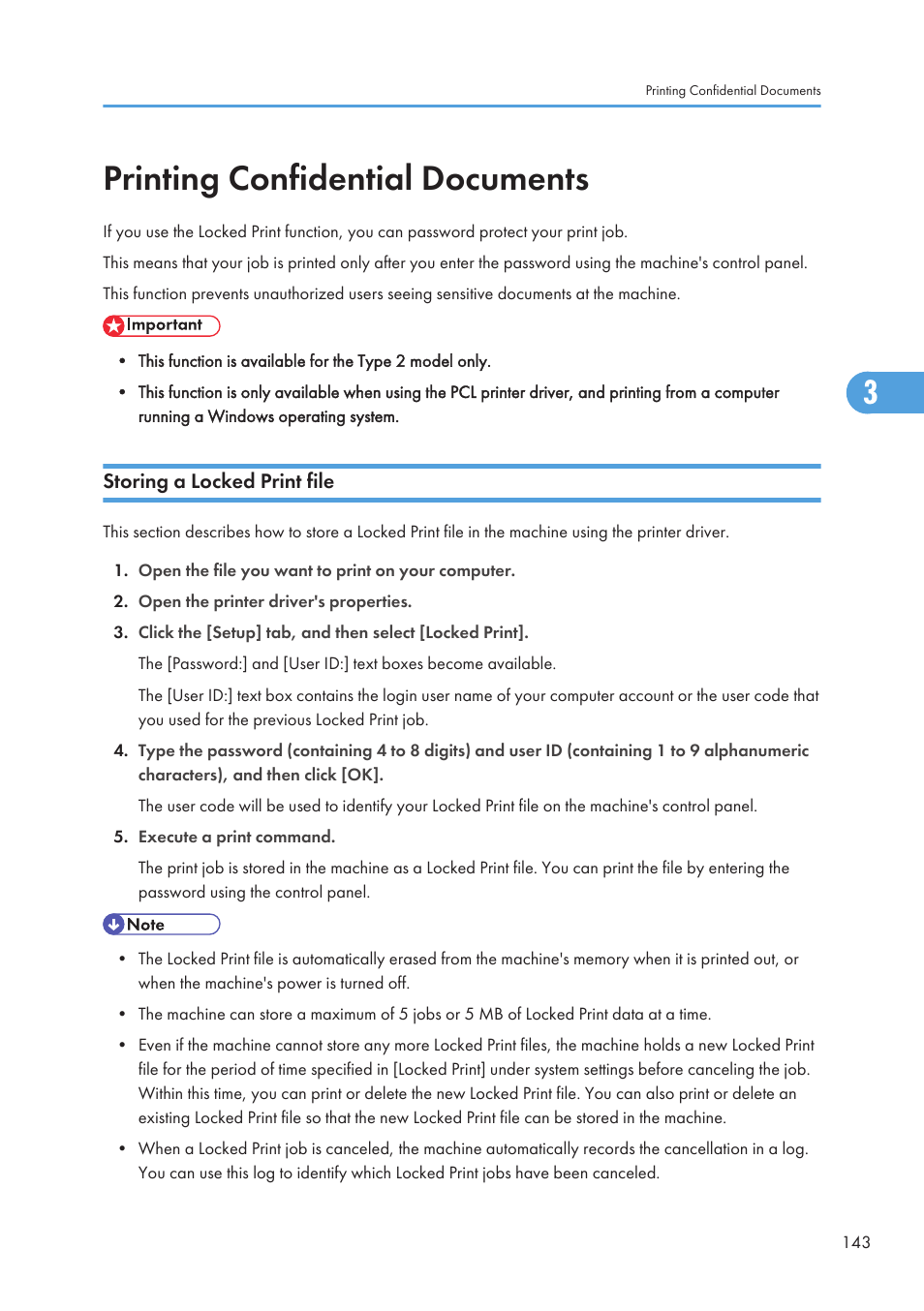 Printing confidential documents, Storing a locked print file | Ricoh SP C240SF User Manual | Page 145 / 456