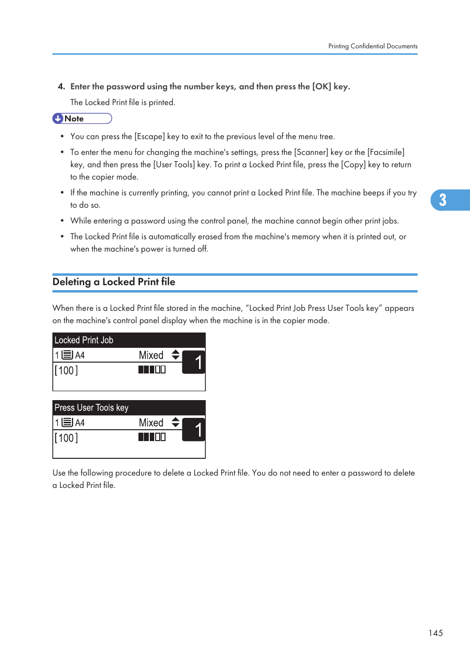 Deleting a locked print file | Ricoh SP C240SF User Manual | Page 147 / 456