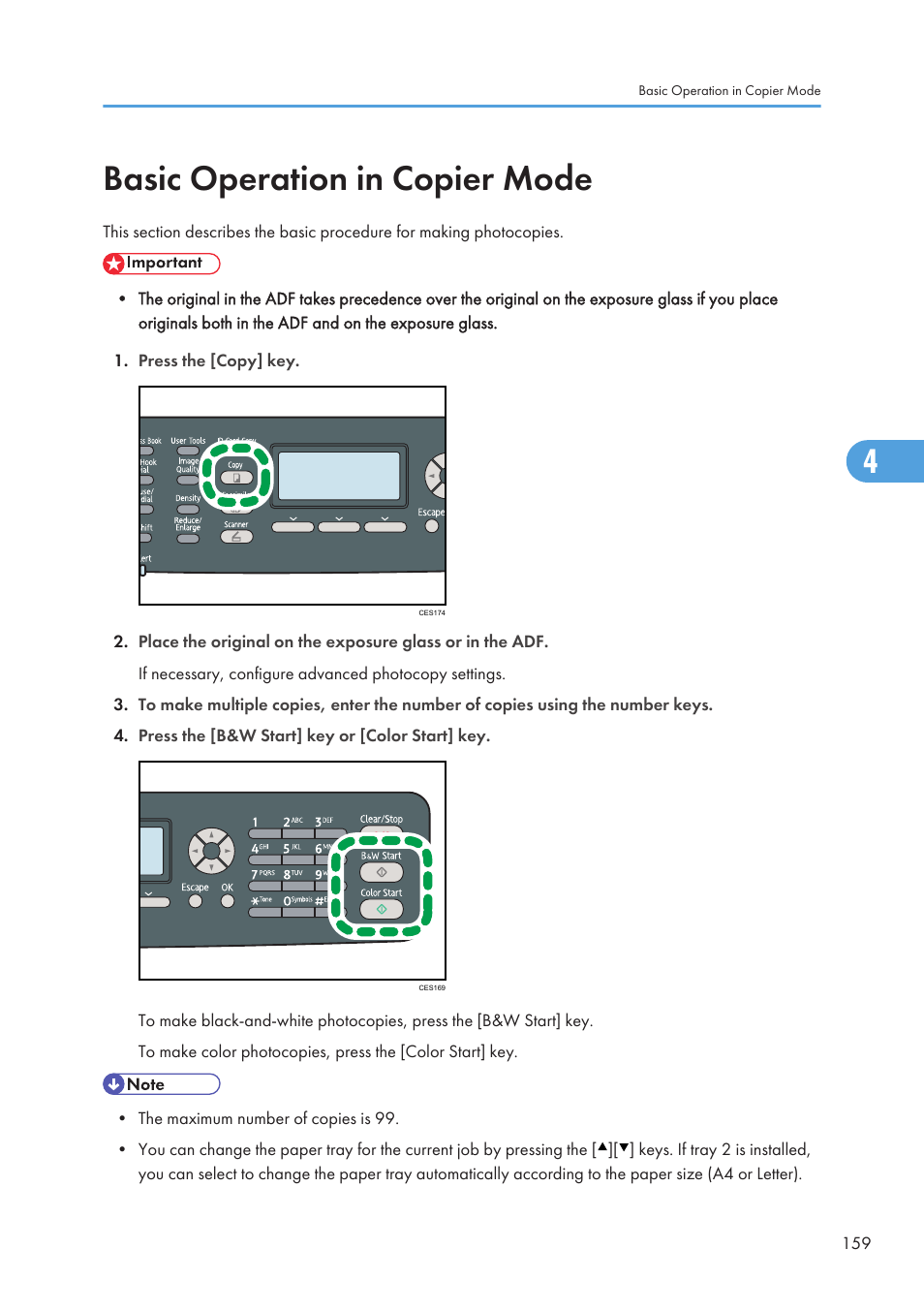 Basic operation in copier mode | Ricoh SP C240SF User Manual | Page 161 / 456