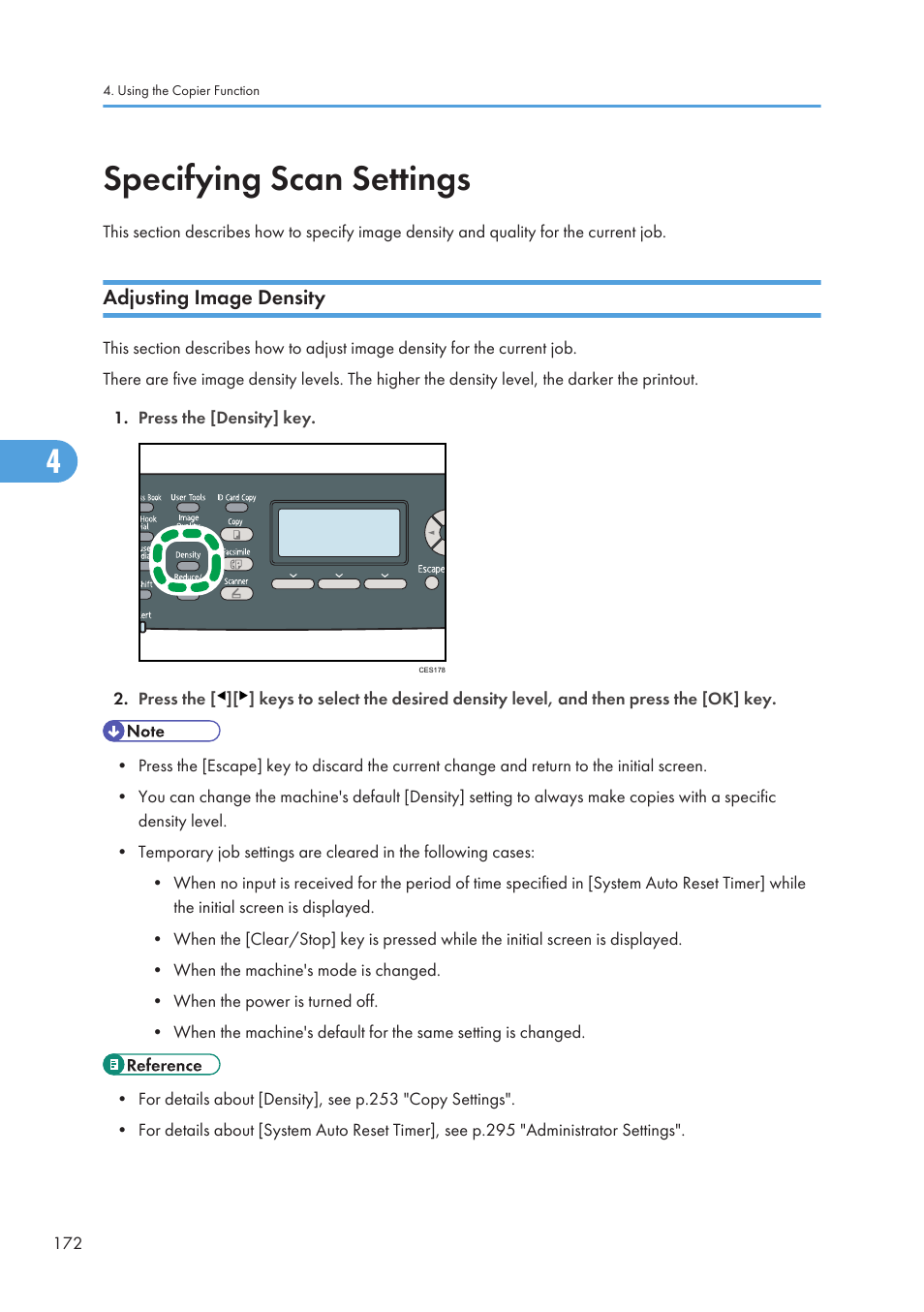 Specifying scan settings, Adjusting image density, Settings | Ricoh SP C240SF User Manual | Page 174 / 456