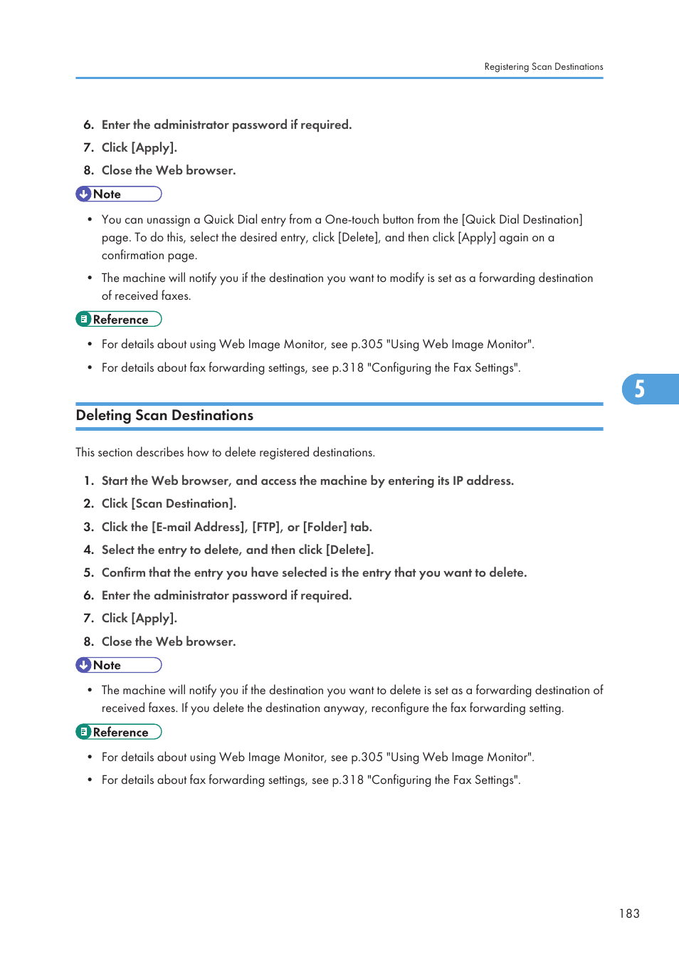 Deleting scan destinations | Ricoh SP C240SF User Manual | Page 185 / 456