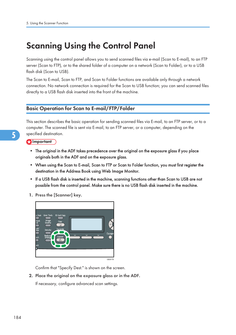 Scanning using the control panel, Basic operation for scan to e-mail/ftp/folder, Scan to e-mail/ftp/folder | Ricoh SP C240SF User Manual | Page 186 / 456