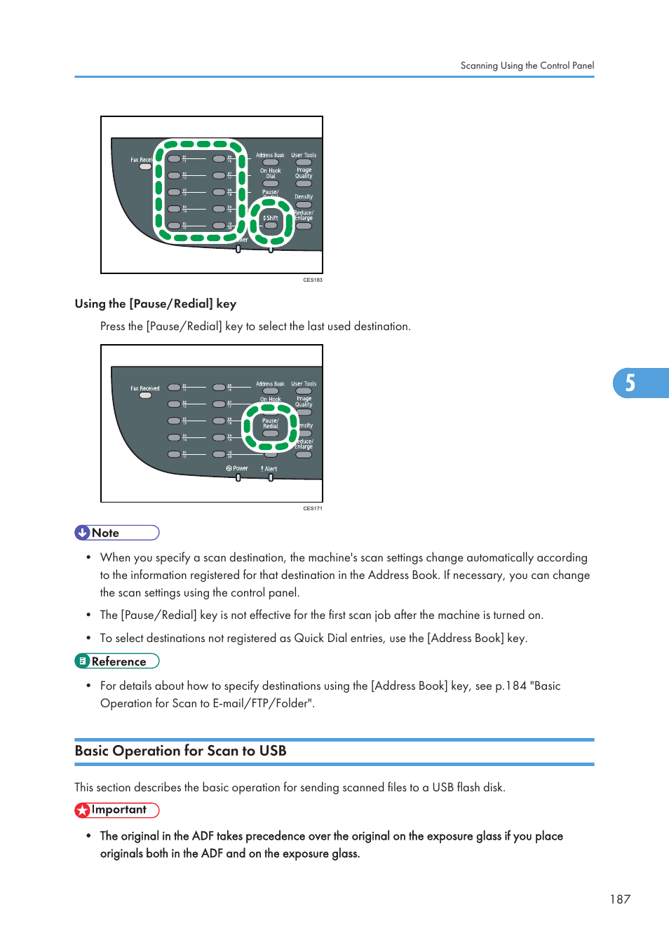 Basic operation for scan to usb | Ricoh SP C240SF User Manual | Page 189 / 456