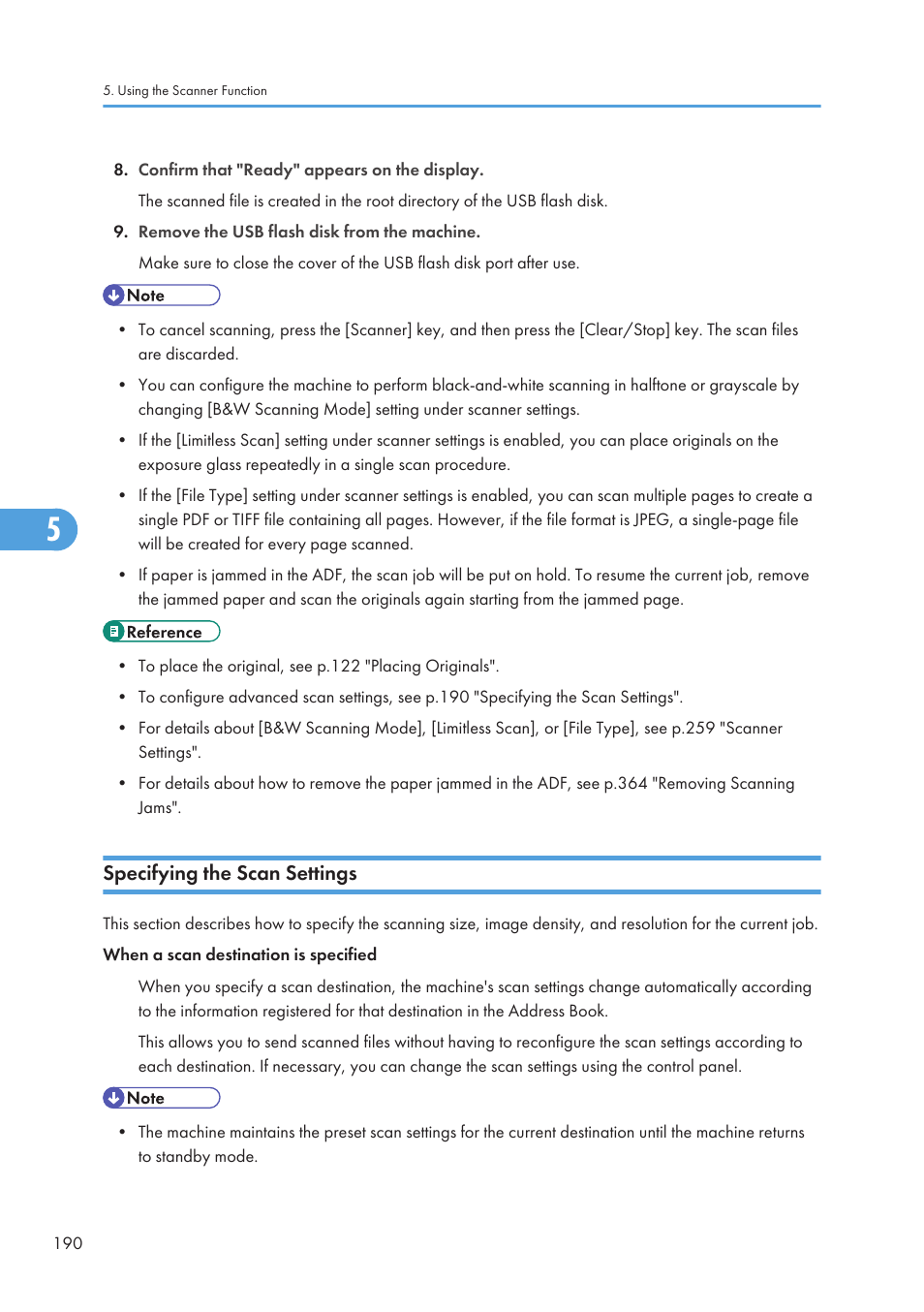 Specifying the scan settings | Ricoh SP C240SF User Manual | Page 192 / 456