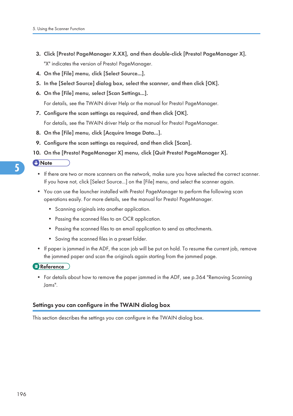 Settings you can configure in the twain dialog box | Ricoh SP C240SF User Manual | Page 198 / 456