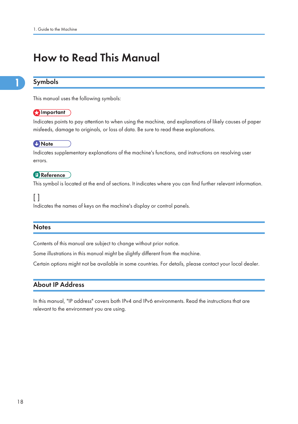 How to read this manual, Symbols, Notes | About ip address, Symbols notes about ip address | Ricoh SP C240SF User Manual | Page 20 / 456