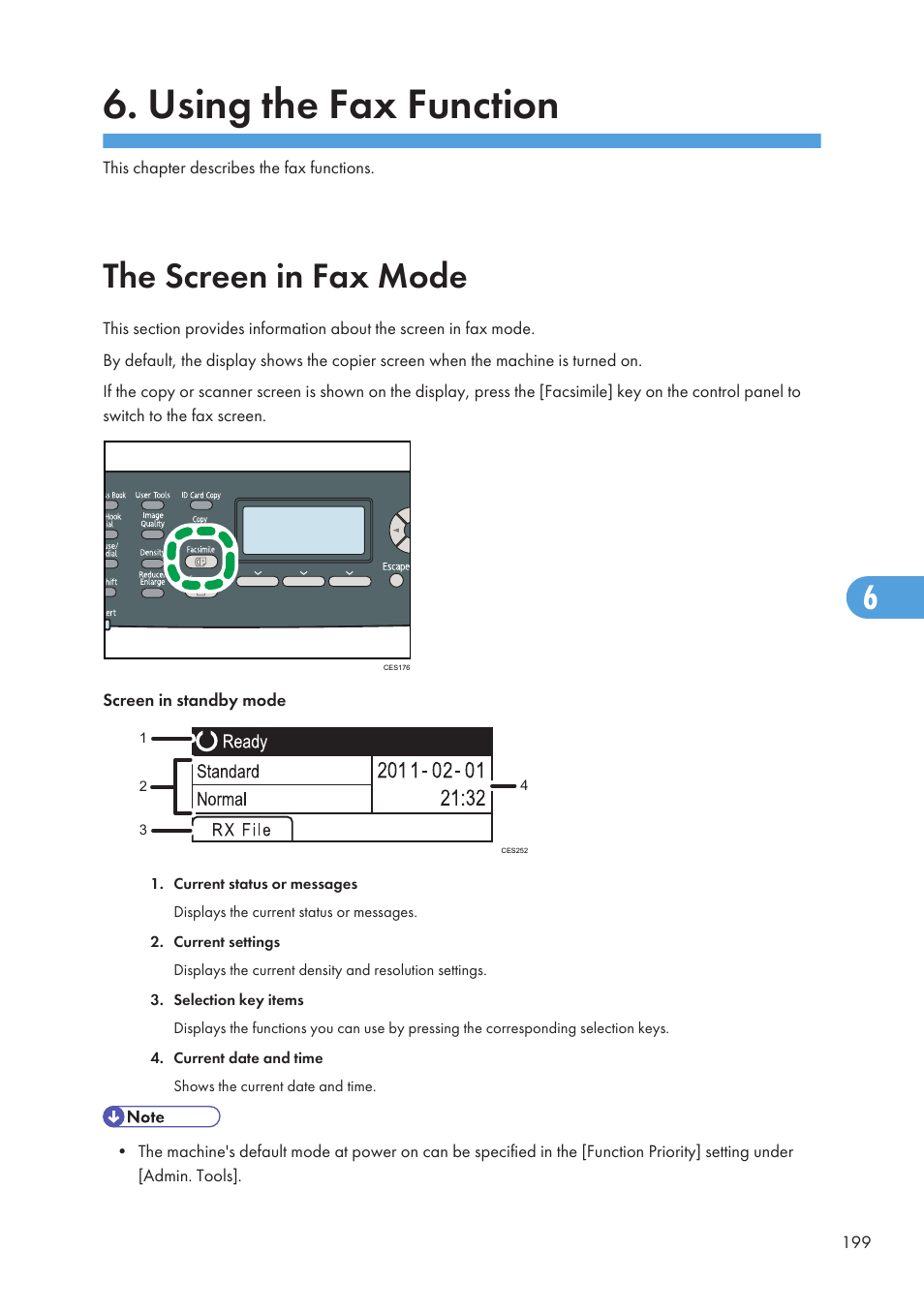 Using the fax function, The screen in fax mode | Ricoh SP C240SF User Manual | Page 201 / 456